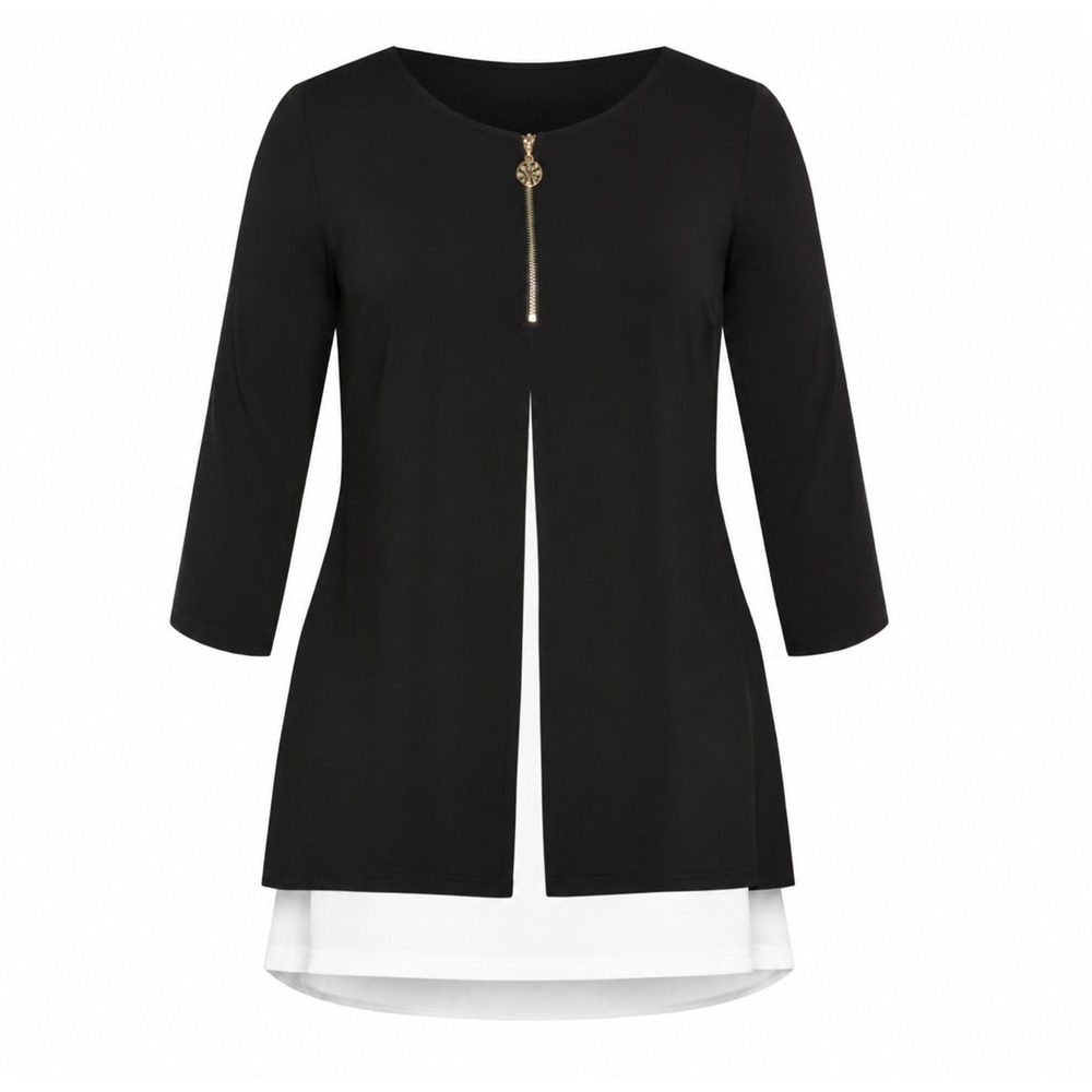 Avenue Tamara Tunic Black White 3/4 Sleeve Stretch Silver Zip Women's Size 20